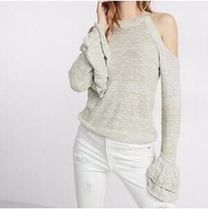 Express Gray Marled Cold Shoulder Knit Sweater with Ruffle Tiered Sleeves Med